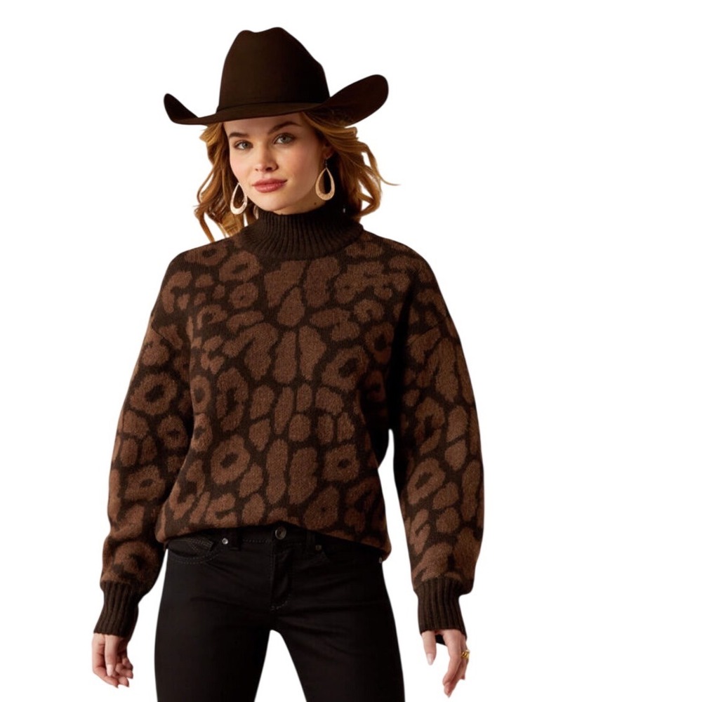 Ariat Moda Womens‎ Leopard Print Turtleneck Sweater Brown Knit Size Medium